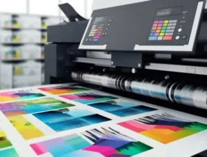 Commercial printer outputting color sheets.