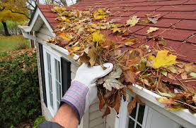 Hand scooping dry leaves from roof gutter.
